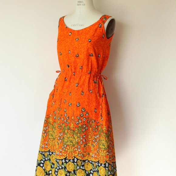 Vintage 1970s 1980s Dress with Pockets, Orange and Black Floral Print Sundress, - Picture 7 of 10